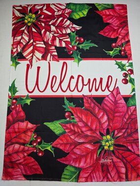 Christmas Poinsettia Welcome Flag 28"x40" Red & Green Floral Outdoor Decor